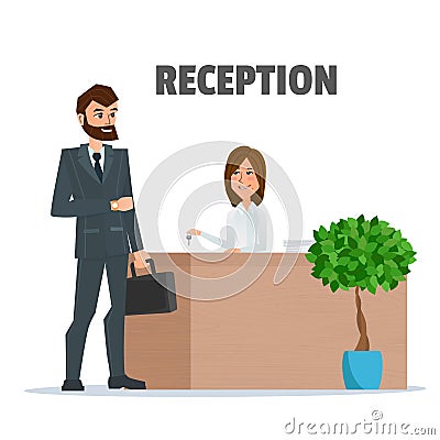 Customer receives a businessman the key at the reception a girl Vector Illustration