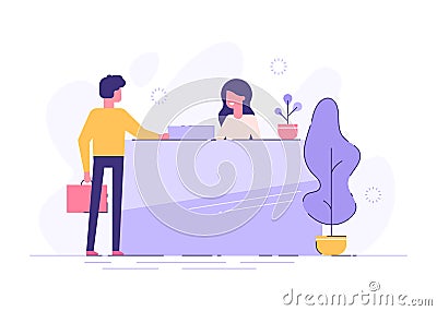 Customer at reception. Young woman receptionist standing at reception desk. Modern vector illustration Vector Illustration
