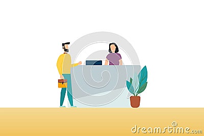 Customer at reception. Young woman receptionist standing at reception desk. Modern vector illustration Cartoon Illustration