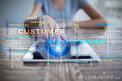 Customer relationship management concept on the virtual screen. Words cloud. Stock Photo