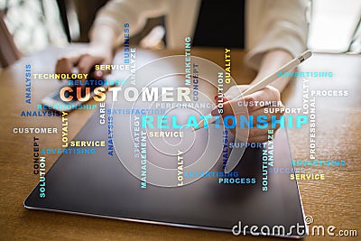 Customer relationship management concept on the virtual screen. Words cloud. Stock Photo