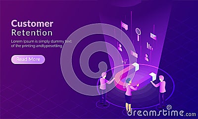 Customer Retention concept, magnet attract potential buyers, shopper advertise their product with multiple ways on purple Stock Photo