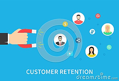 Customer retention strategy, attract customers, customer support and service, digital marketing, flat vector banner Vector Illustration