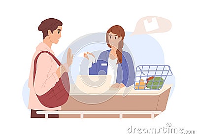 Customer with reusable bag refusing from disposable plastic pack, offered in grocery store. Conscious consumption and Vector Illustration