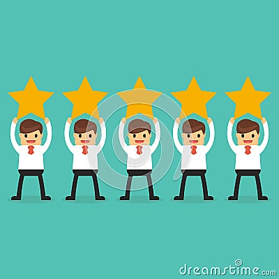 Customer review give a five star. Positive feedback concept. Vector Illustration