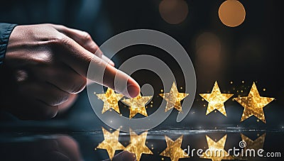 Customer review, ranking, evaluation and classification concept. close up of male hand pointing on five star rating over dark Stock Photo