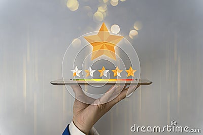 Customer review satisfaction feedback survey data for shrewd business.User give rating to service experience on online application Stock Photo