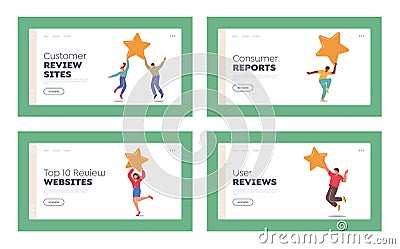 Customer Review Sites Landing Page Template Set. Recommendation, User Rating Star. Man and Woman Hold Yellow Star Vector Illustration