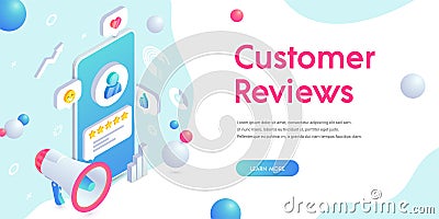 Customer review trendy fluid banner. Feedback isometric 3d concept. User icon and product positive comment on smartphone screen Vector Illustration