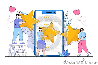 Customer reviews concept illustration. People holding rating stars. People leave feedback, comments, satisfaction level and Vector Illustration