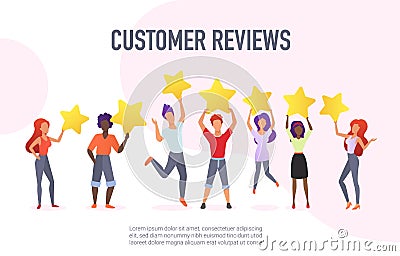 Customer reviews flat vector banner template. Happy users holding golden stars cartoon characters. Customers evaluating Vector Illustration