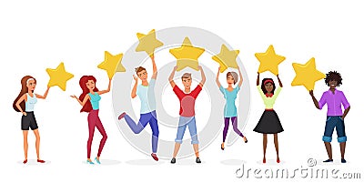Customer reviews flat vector banner template. Happy users holding golden stars cartoon characters. Customers evaluating Vector Illustration
