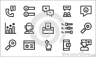 customer reviews line icons. linear set. quality vector line set such as customer, feedback, like, mobile, review, rating, sliders Vector Illustration