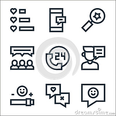 customer reviews line icons. linear set. quality vector line set such as positive comment, like, sliders, customer, hours, reviews Vector Illustration