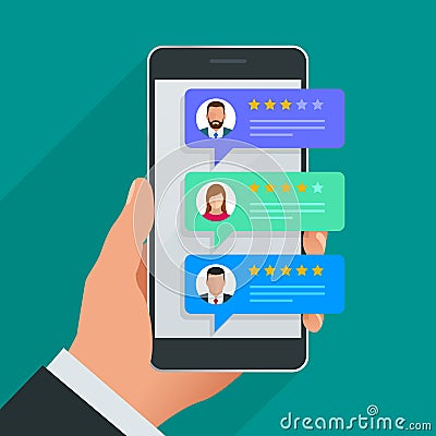 Customer reviews. Review rating on mobile phone, feedback vector illustration. Reading customer review in smart phone Vector Illustration