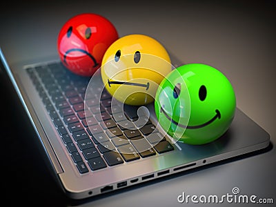 Customer satisfaction h feedback rating concept. Colored smile emoticons on laptop keyboard Cartoon Illustration