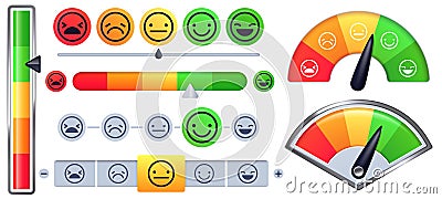 Customer satisfaction meter scale. Customer rate with green happy smile and sad red faces, emotion measurements scales vector set Vector Illustration