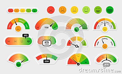 Customer satisfaction meter. Stress level gauge graph. Progress chart with smile faces. Emotion rate measuring interface Vector Illustration