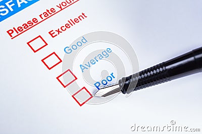 Customer satisfaction survey checkbox with rating and pen pointing at Poor, can use any business concept background Stock Photo