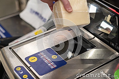 Customer with scanning product of barcodes. grocery scan. buying in supermarket. self catering. Stock Photo