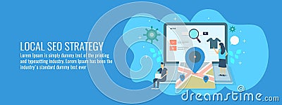 Local seo strategy, customers searching route map on search engine, local business guide application. Flat design vector banner. Vector Illustration