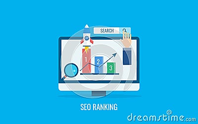 Customer searching on search bar, seo ranking result showing on computer screen, rocket boosting concept. Flat design banner. Vector Illustration