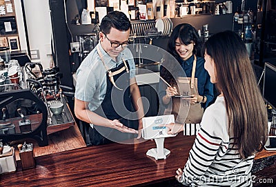 Customer self service order drink menu with tablet screen and pa Stock Photo