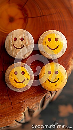 Customer sentiment Smiley faces on wooden buttons convey positive reviews Stock Photo