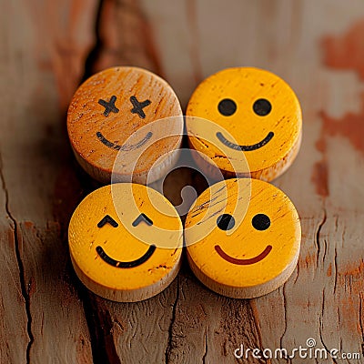 Customer sentiment Smiley faces on wooden buttons convey positive reviews Stock Photo