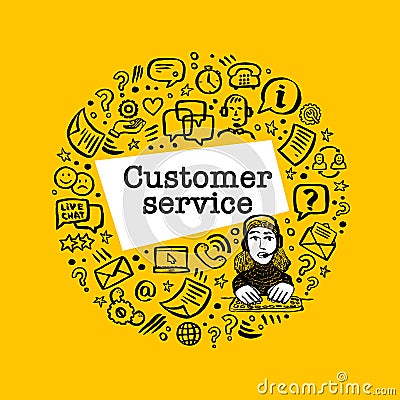 Customer service concept. Online chat. Round shape frame with Help and Support Related Vector hand drawn icons and Vector Illustration
