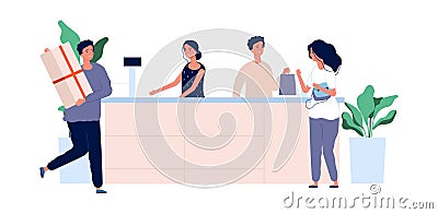 Customer service concept. Shoppers with products standing at counter. Vector store team male female flat characters Vector Illustration