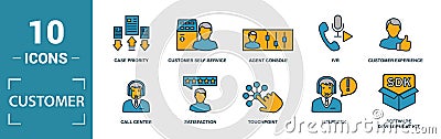 Customer Service icon set. Include creative elements agent console, case priority, satisfaction, helpdesk, knowledge base icons. Stock Photo