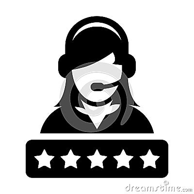 Customer service icon vector female support person profile avatar with a headphone and a star rating for online assistant Vector Illustration