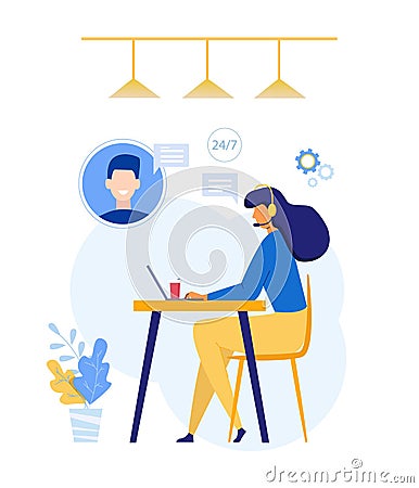 Customer service and operator concept. Vector character woman in flat style with headset consulting a client. Company Vector Illustration