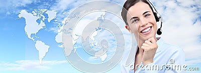 Customer service operator woman with headset smiling, world map Stock Photo