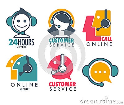 Customer service promotional emblem with woman operator in headset. Informative help about bought product logos set. Vector Illustration