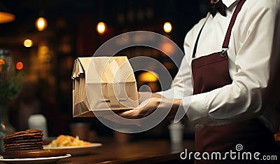 Customer service: Worker hands order to patron, ensuring a delightful restaurant visit. Stock Photo