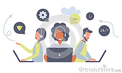 Customer service workers with headsets and laptops service or consult customers on computers.Hotline operators work 24/7, global Vector Illustration