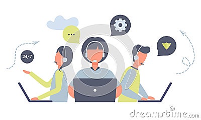 Customer service workers with headsets and laptops service or consult customers on computers.Hotline operators work 24/7, global Stock Photo