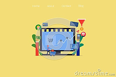 Ecommerce store, sales funnel, conversion optimization, customer with cart, flat design concept, vector web banner. Vector Illustration