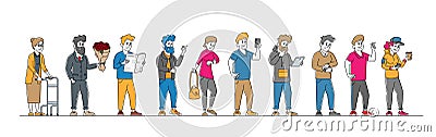 Customer Stand in Line at Grocery or Supermarket Queue with Goods. People Shopping Holding Smartphones in Hands Vector Illustration