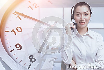 Customer Support and Care in time with smile. Fast Contact Hotline Call center team in office working hours times clock concept Stock Photo