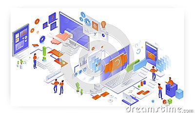 Data sync, customer support, computer service, technical assistance, vector isometric illustration. Vector Illustration