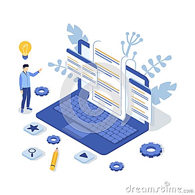 Customer support concept with laptop and man. Contact us. FAQ. Isometric Vector Illustration. Vector Illustration