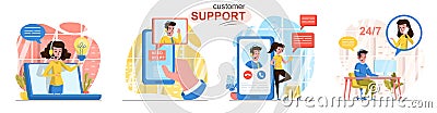 Customer support concept scenes set. Hotline operators advising clients, online help center, feedback messages. Collection of Vector Illustration