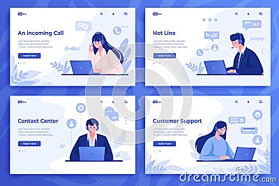 Customer support landing page. Cartoon call center operators and information service with online consultants. Vector Vector Illustration