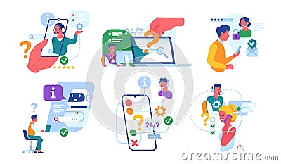 Customer support service. Call center workers, round-the-clock online assistant, chatbot aide, consumers and hotline operators Vector Illustration