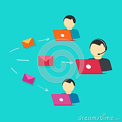 Customer support team vector, assistance operators with laptop computers, online internet assistant service or system Vector Illustration