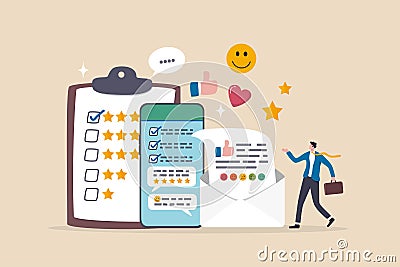 Customer survey, feedback to improve service, online and offline survey, review or poll rating, user satisfaction report or Vector Illustration