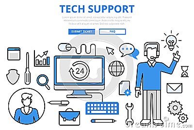 Customer technical support concept flat line art vector icons Vector Illustration